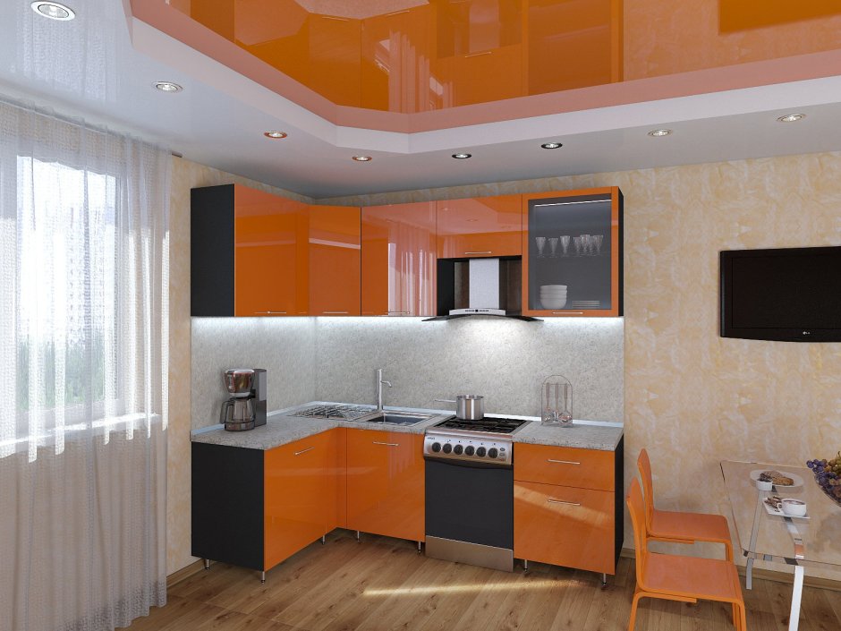 Двухуровневый оранжевый потолок натяжной на кухне