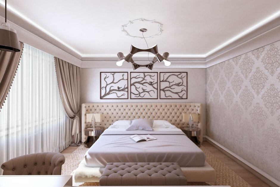 Спальня с лепниной в современном стиле
