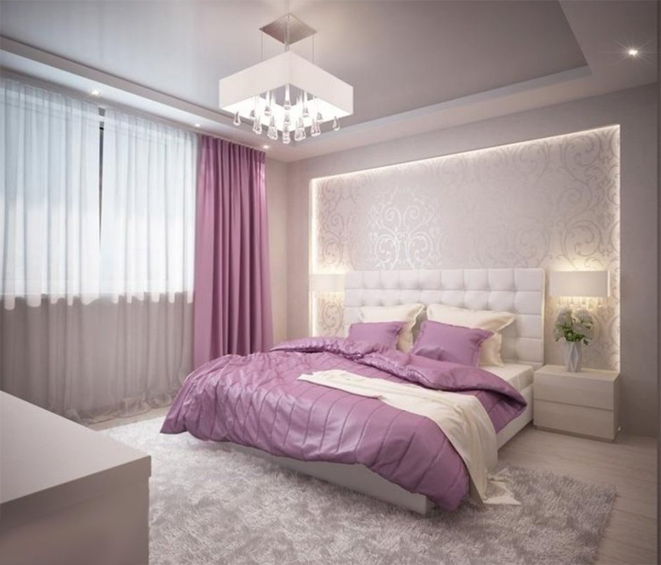 Серая спальня с розовыми акцентами