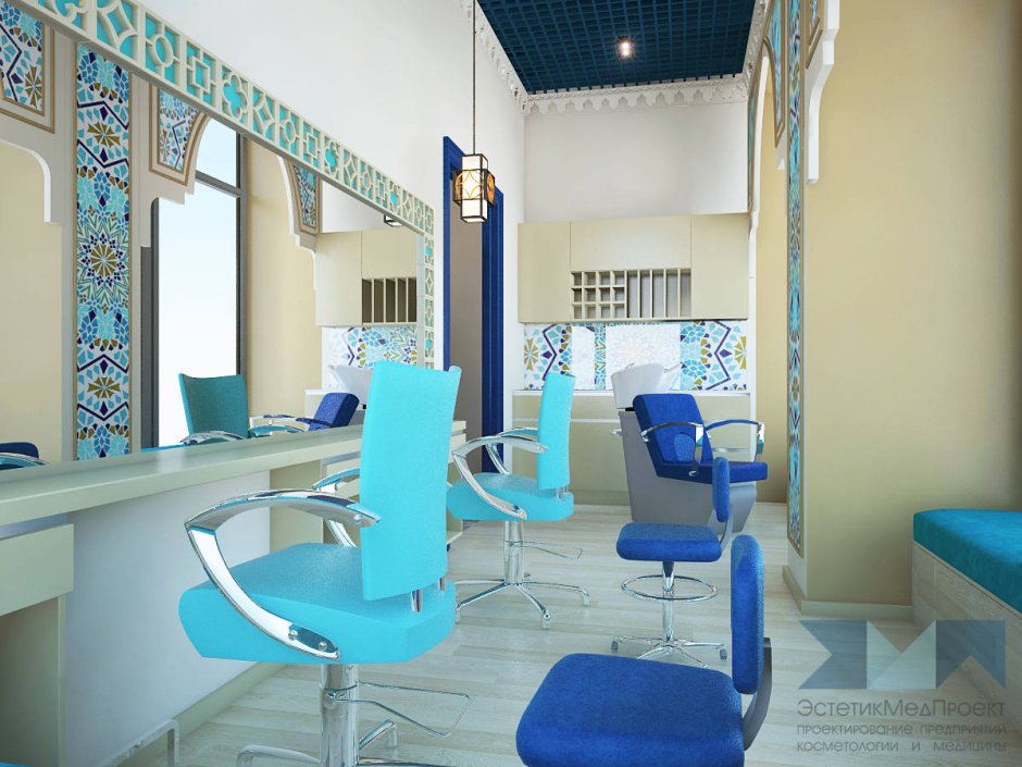 Дизайн парикмахерской в голубых тонах