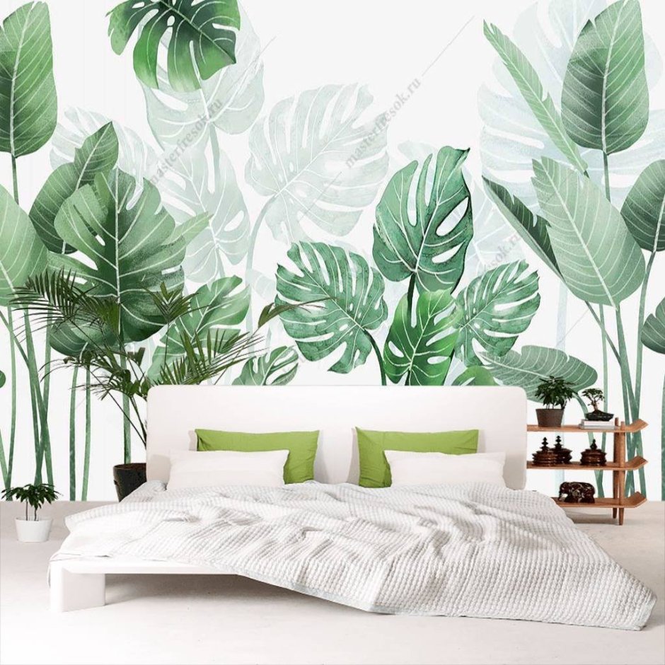 Спальня в зеленых тонах с пальмовыми листьями