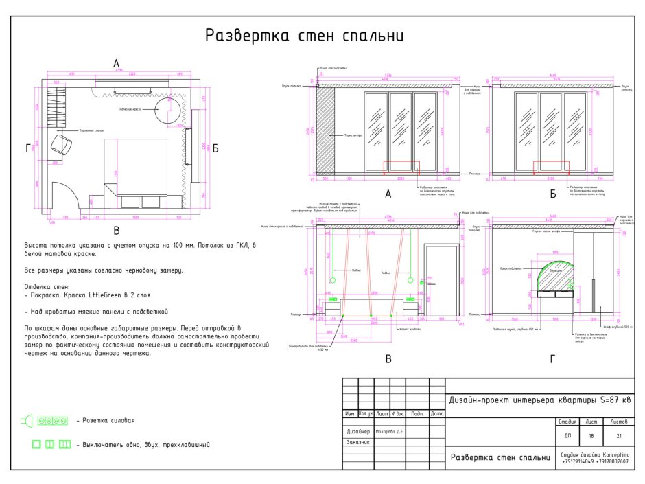 Развертка спальни с мебелью