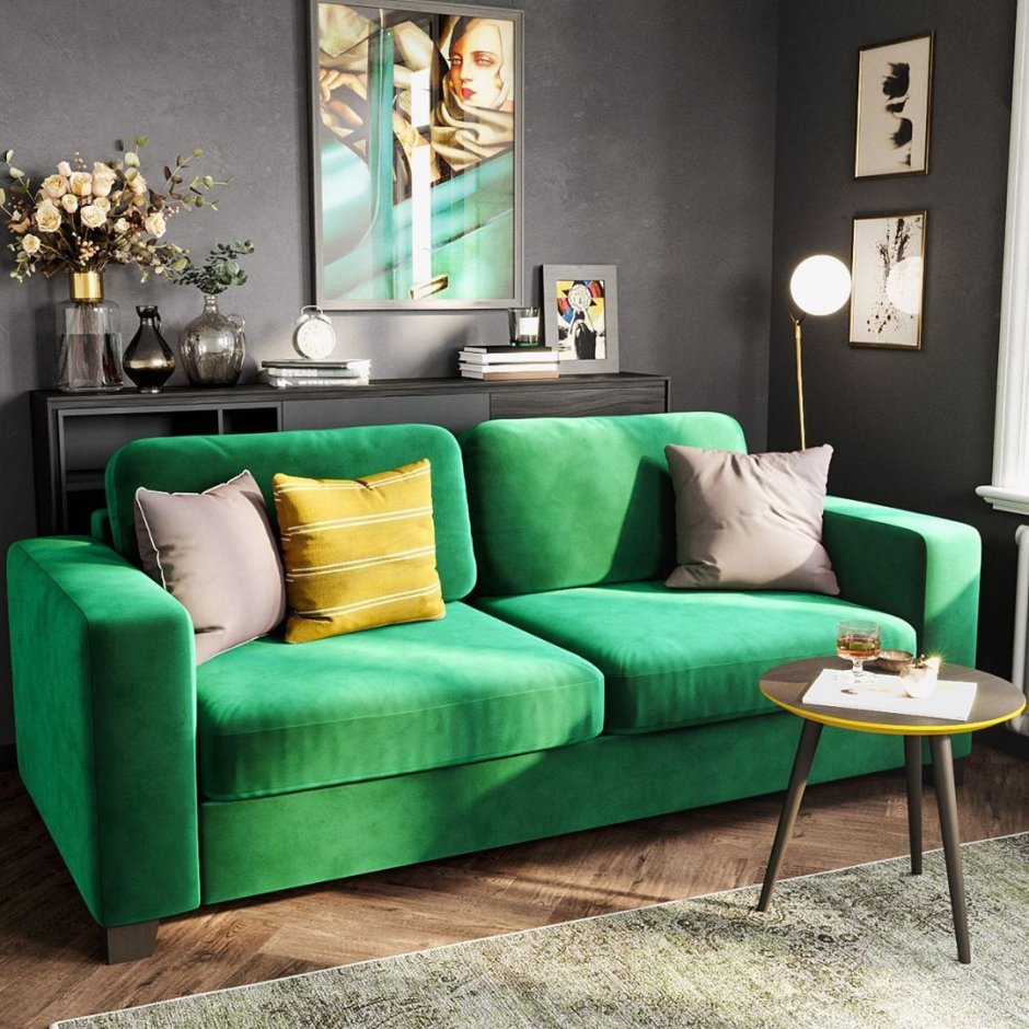 Серо зеленый диван в интерьере (66 фото)