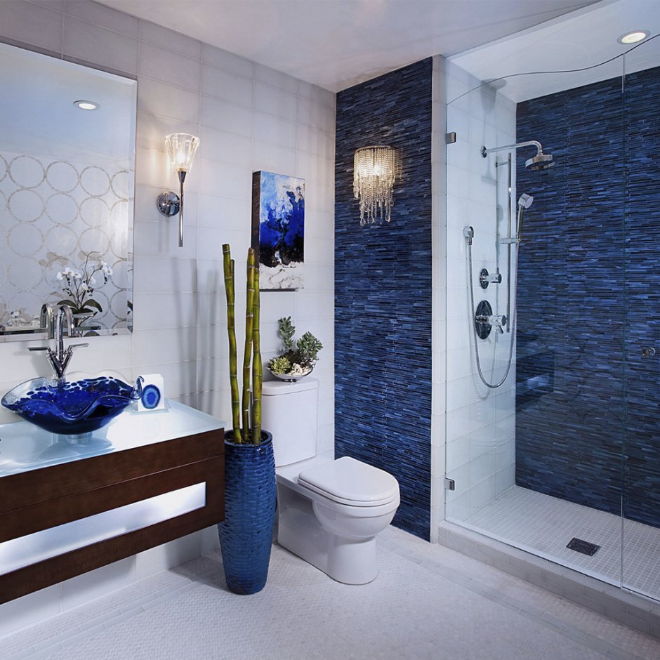 Дизайн ванная в коричнево синих тонах с морем