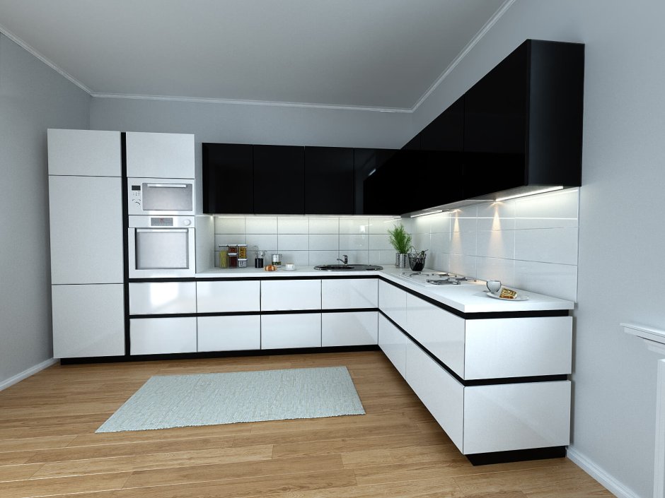 Белая кухня с серой столешницей
