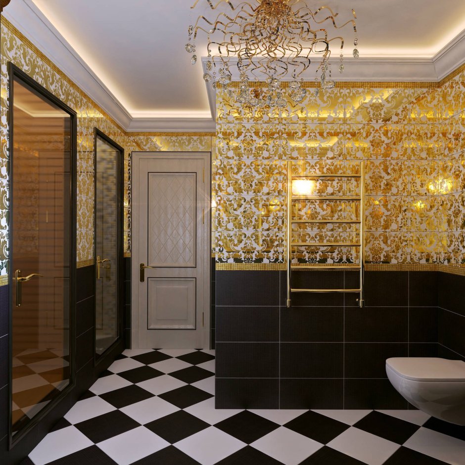 Интерьер ванной комнаты под золото