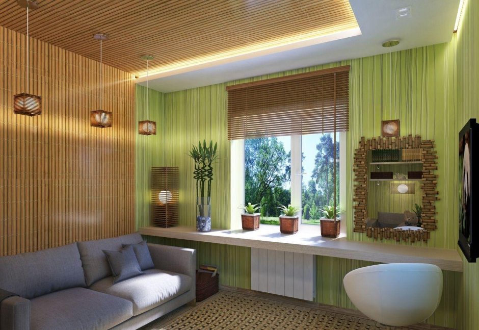 Бамбуковые обои в интерьере гостиной