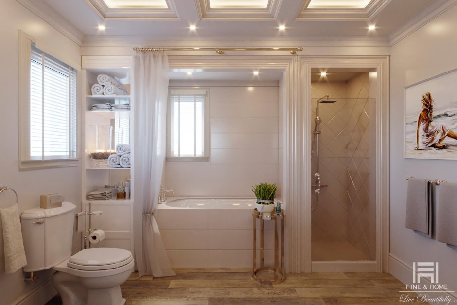 Ванная комната в частном доме в светлых тонах
