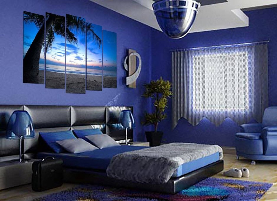 Красивые обои комната в голубом цвете ночью