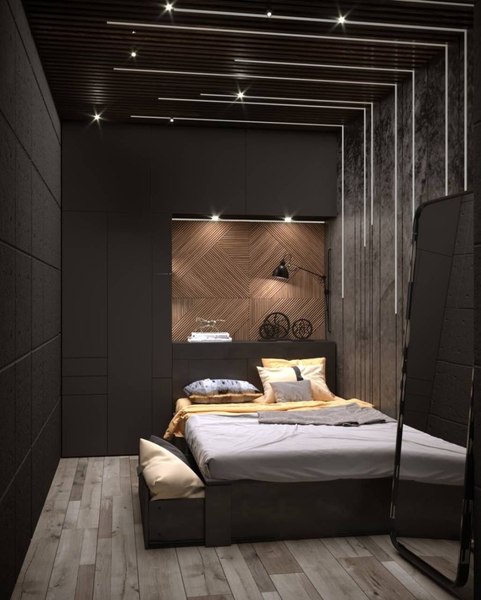 Спальня в стиле лофт в темных тонах