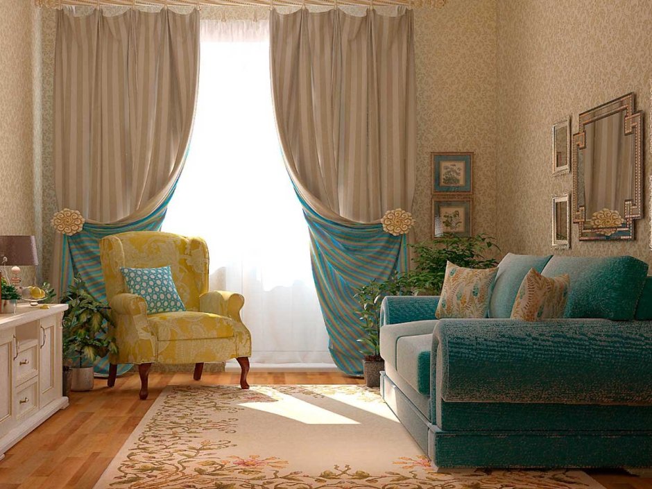 Бирюзовые шторы в интерьере