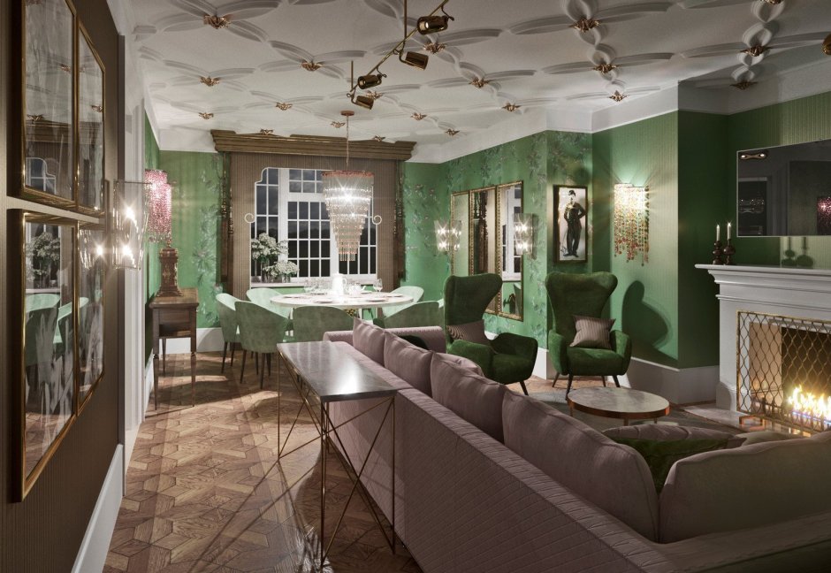 Гостиная с изумрудным диваном