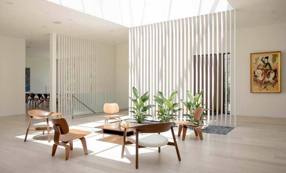 Гостиная белый кирпич и дерево