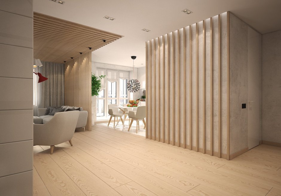 Серо зеленый интерьер спальни с деревянными рейками