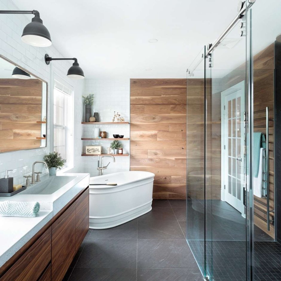 Ванные комнаты с деревянной столешницей