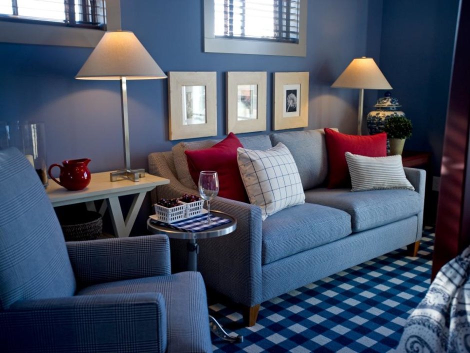 Сине серый диван в интерьере (90 фото)