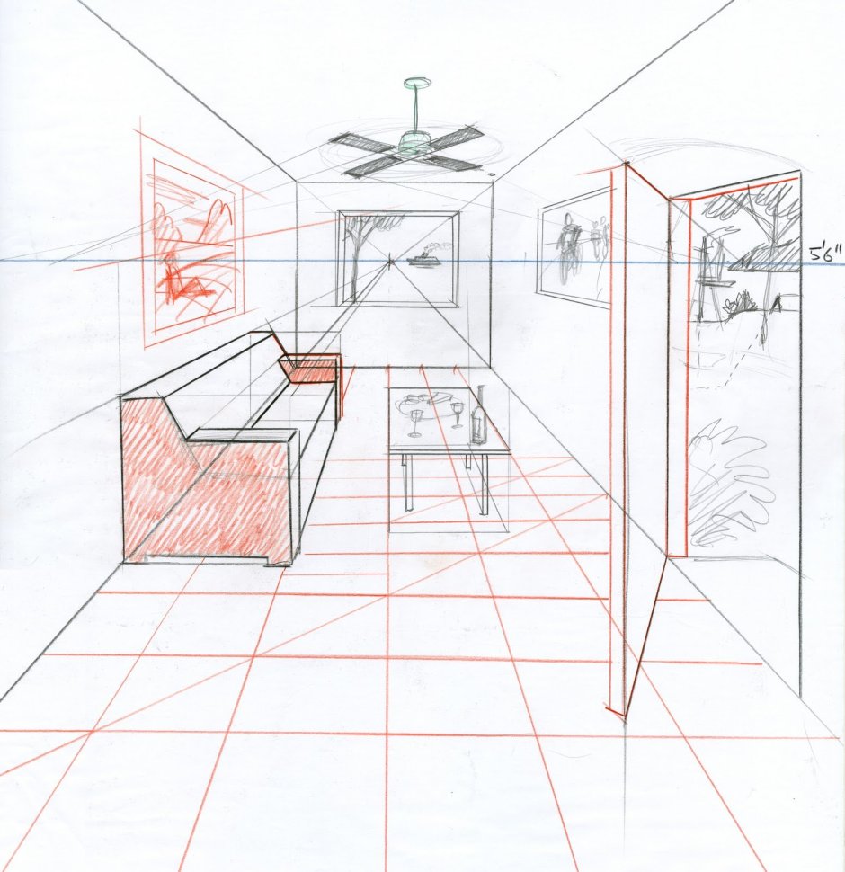 Фронтальная перспектива интерьера Наброски
