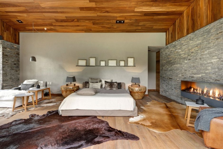 Спальня в стиле бетон и дерево