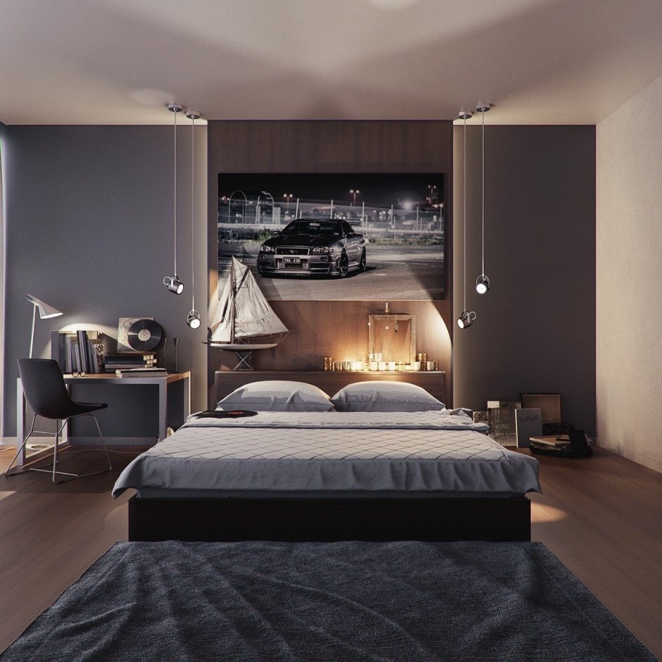 Дизайн спальни с серой кроватью (66 фото)