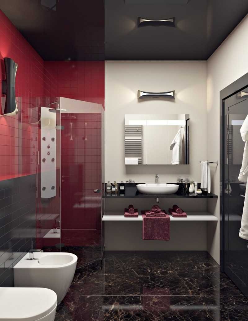 Красная маленькая ванная комната (65 фото)