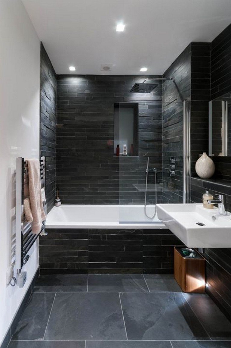Дизайн ванной комнаты с черным полом (66 фото)