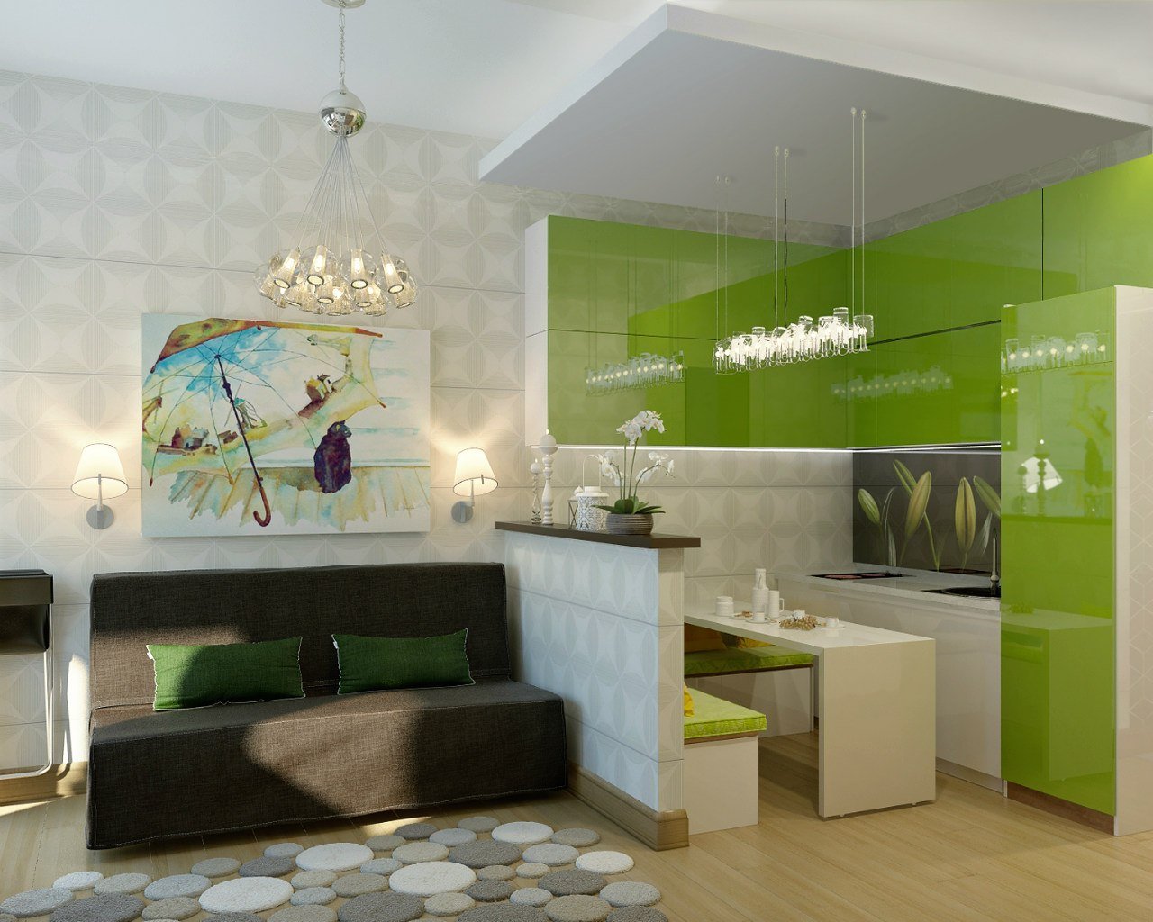 Купить однокомнатную квартиру в зеленом. Зеленая кухня с гостинной 20кв м. Кухня гостиная в зеленых тонах. Интерьер кухни в гостинке. Кухня гостиная в зеленом цвете.