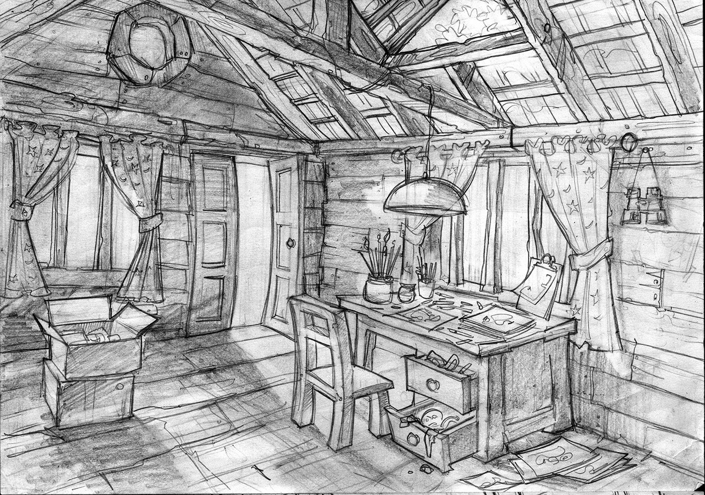 Деревенская комната как рисовать