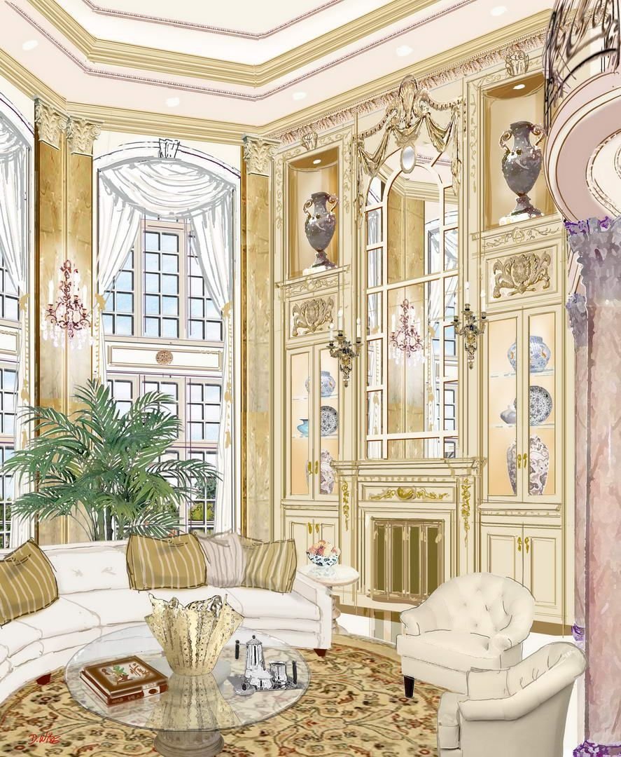 Отрисованный интерьер гостиной в стиле Барокко