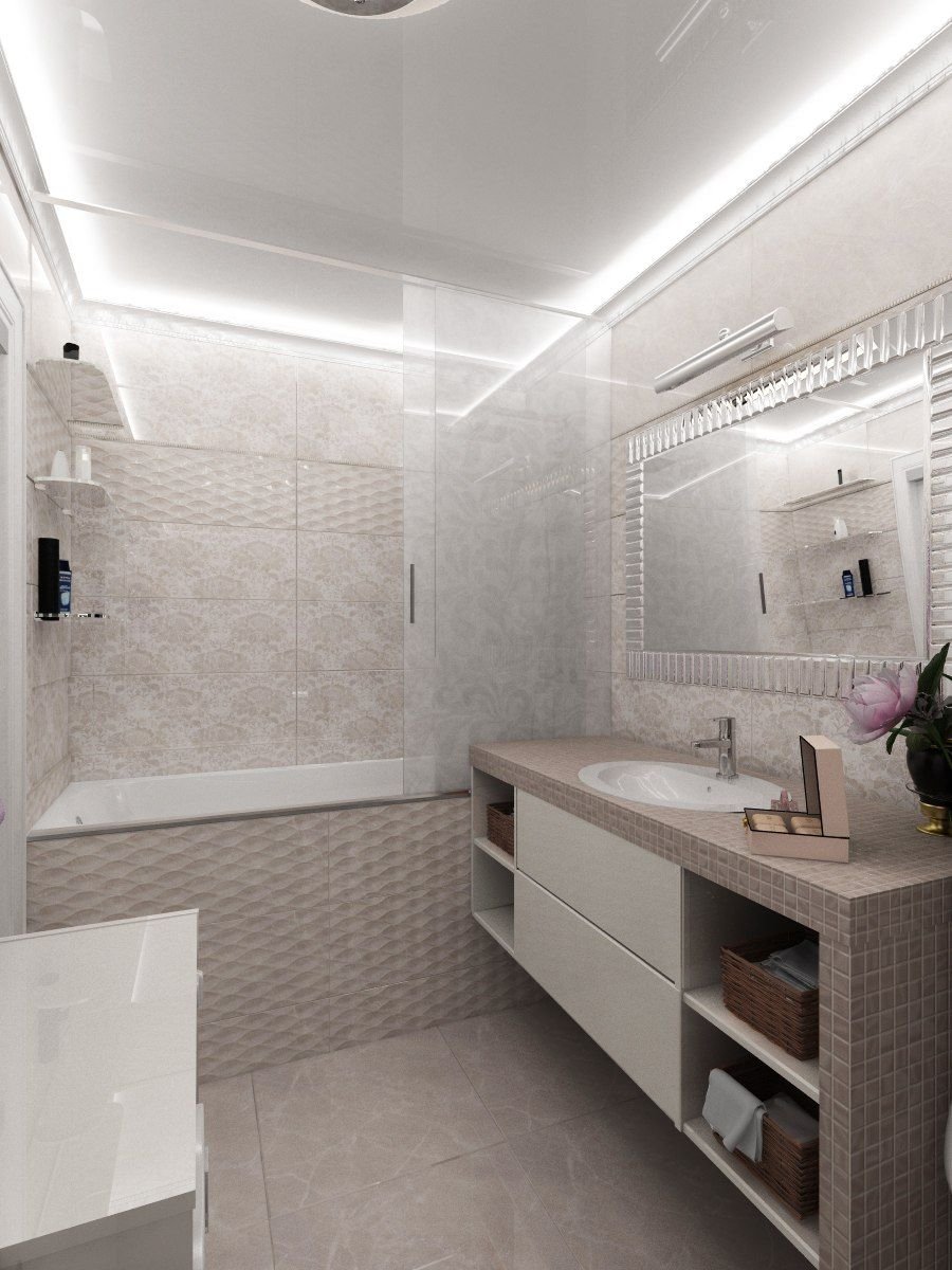 Фото ванной комнаты с плиткой современный дизайн в светлых тонах маленький размер