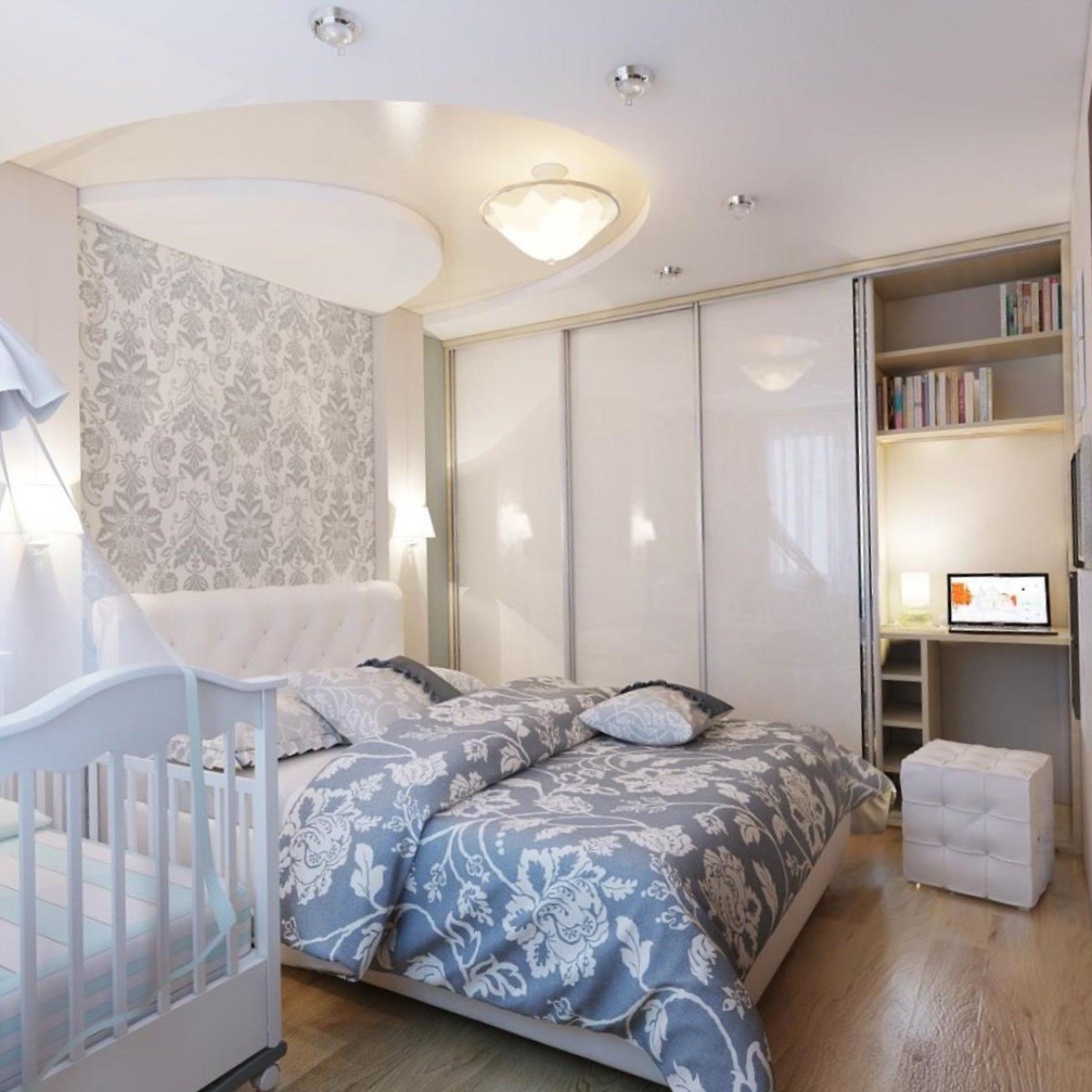 Дизайн комнаты для семьи с двумя детьми и родителями