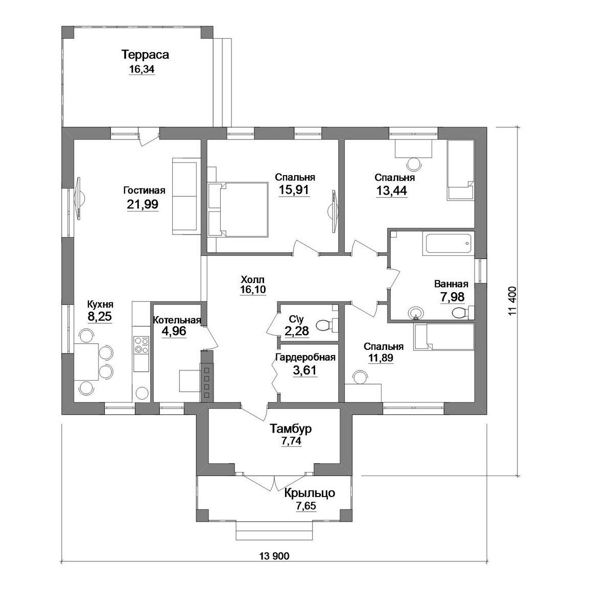 примеры планировки одноэтажного дома с 2 спальнями