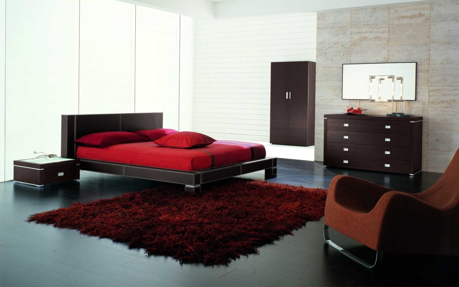 Красный ковер в интерьере спальни