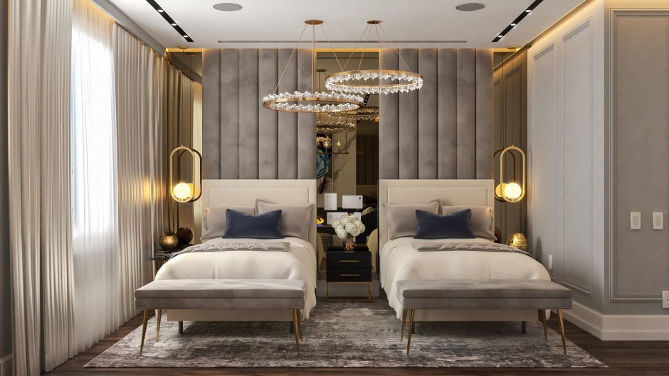 3d-Рендеринг роскошной современной спальни в отеле