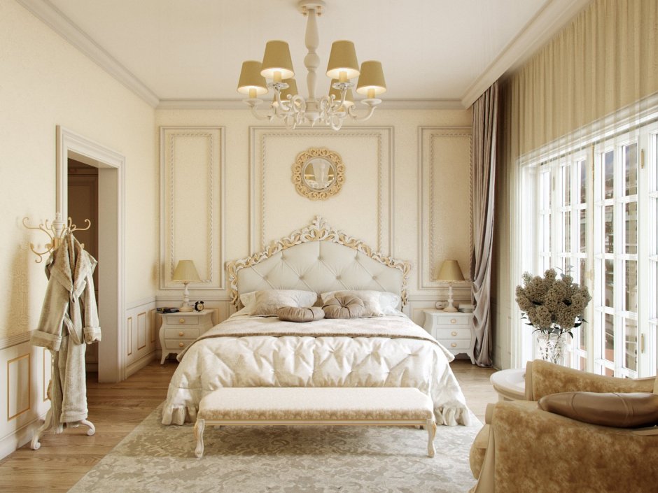 Спальня в классическом стиле в кремовых тонах