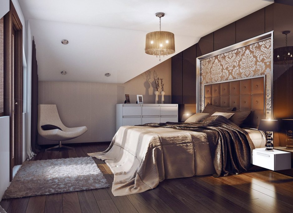 Спальня в темных тонах с деревом