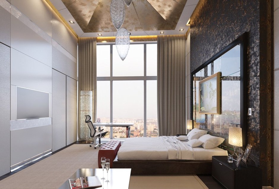 Спальня в Москоу Сити панорамные окна