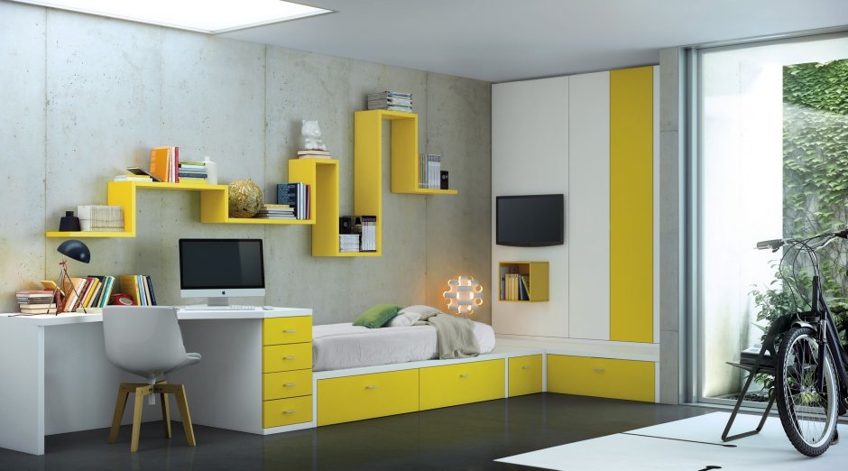 Серо желтый интерьер подростковой комнаты