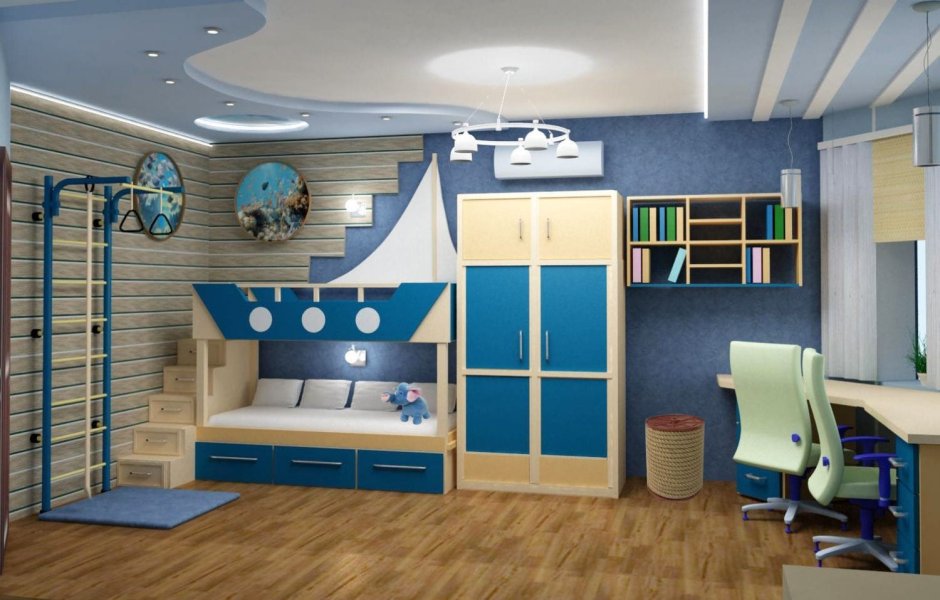 Интерьер детской комнаты для мальчика размером 4 на 6 м