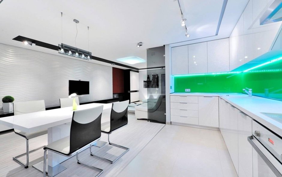 Интерьер кухни столовой в стиле хайтек