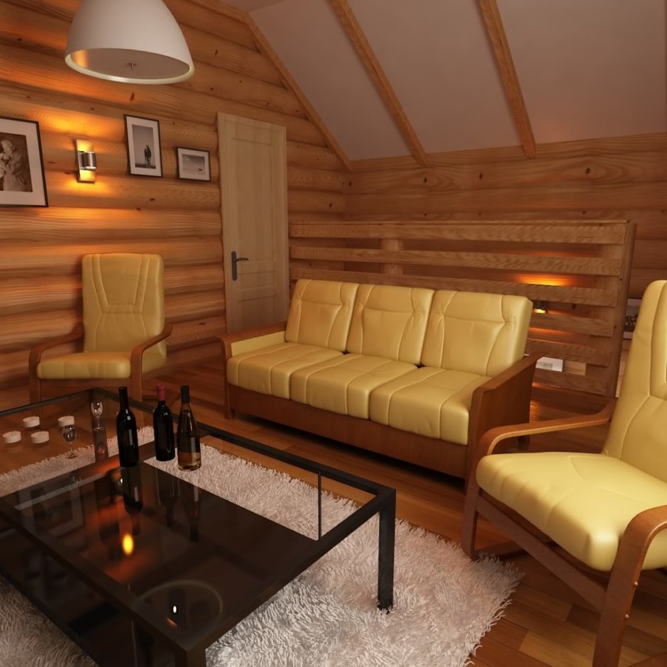 Интерьер зала в деревянном доме