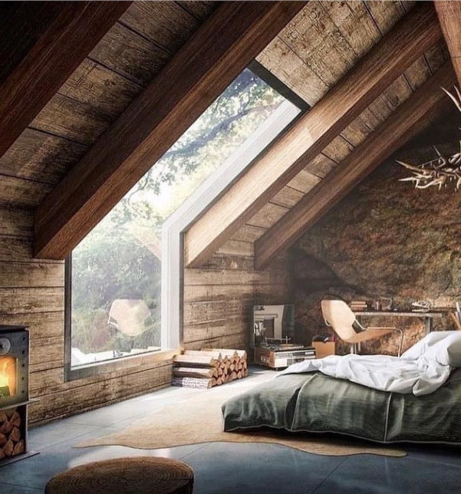 Спальня лофт с панорамными окнами