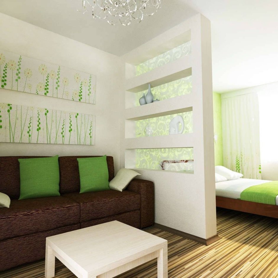 Дизайн гостиной с разделением зон синий и зеленый