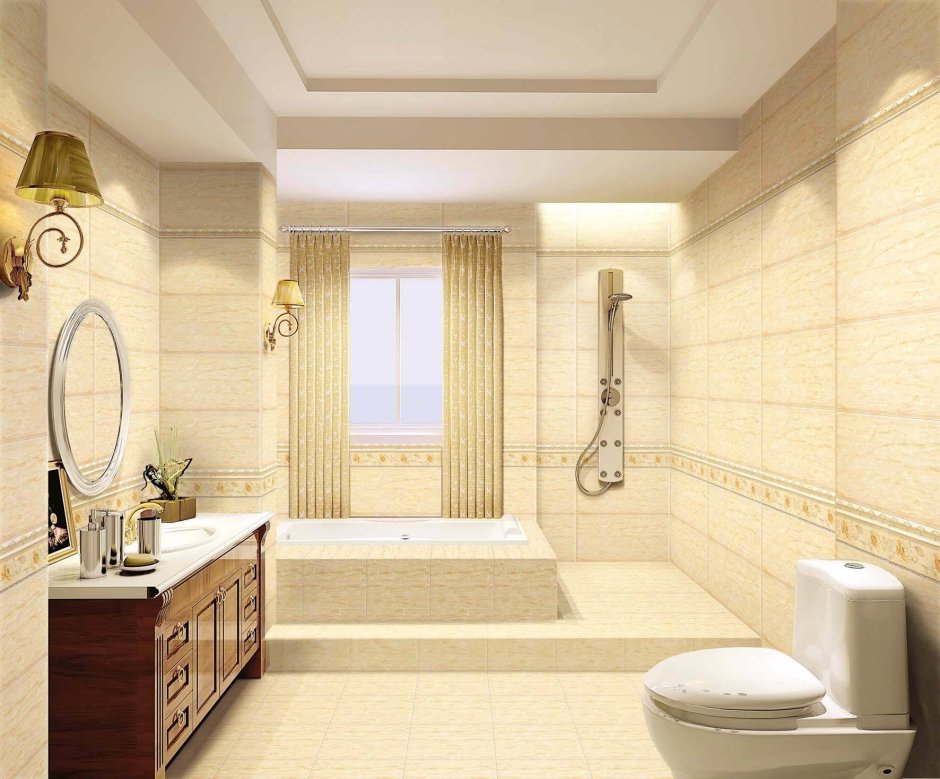 Бежевая мозаика в ванной комнате в классическом стиле