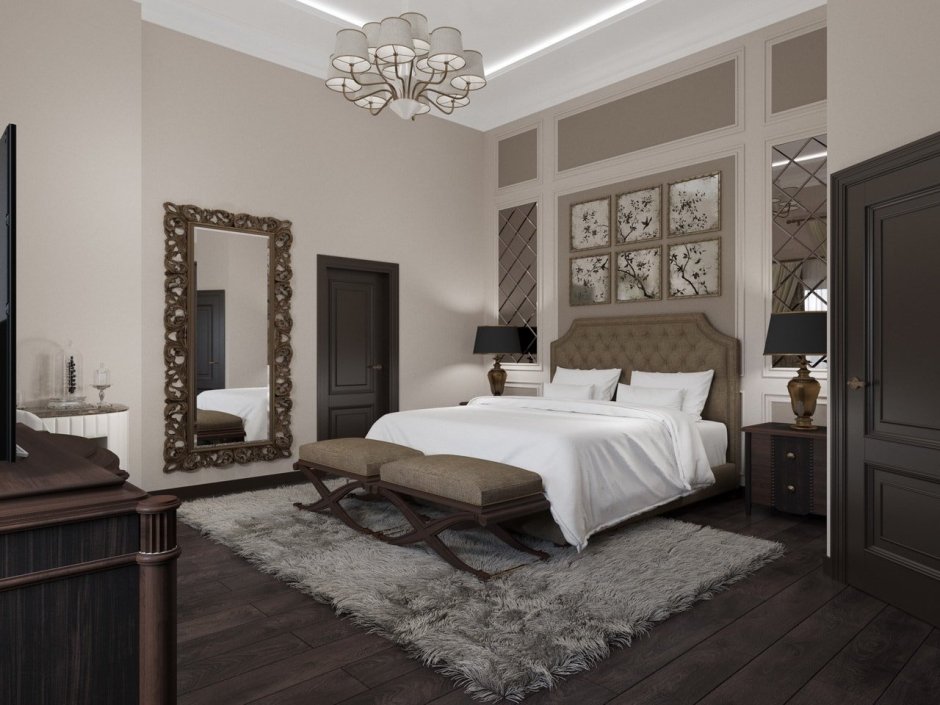 Бежевая спальня с коричневой мебелью