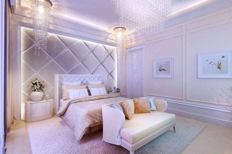 Спальня в классическом стиле в бежево-сиреневых тонах
