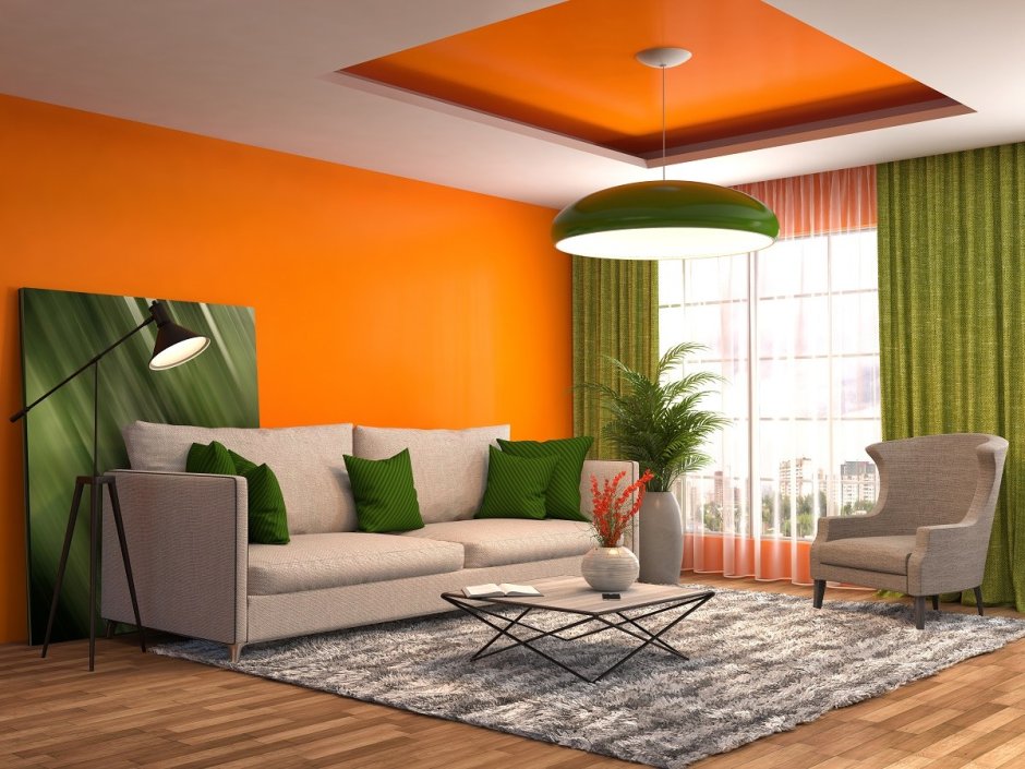 Серо оранжевый интерьер спальни