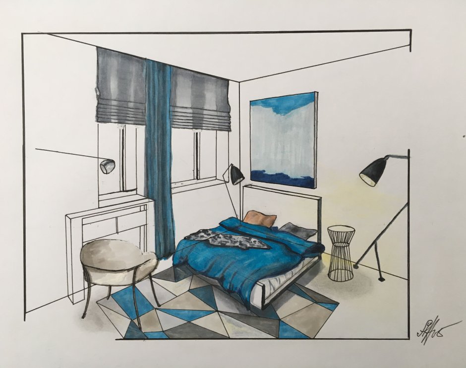 Угловая перспектива комнаты в цвете кровать