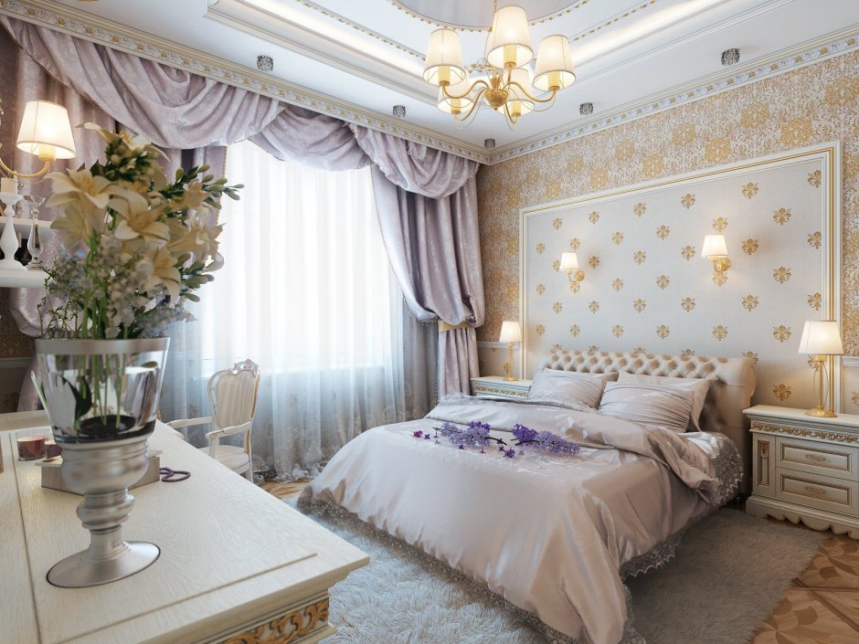 Интерьеры спален в классическом стиле в пастельных тонах
