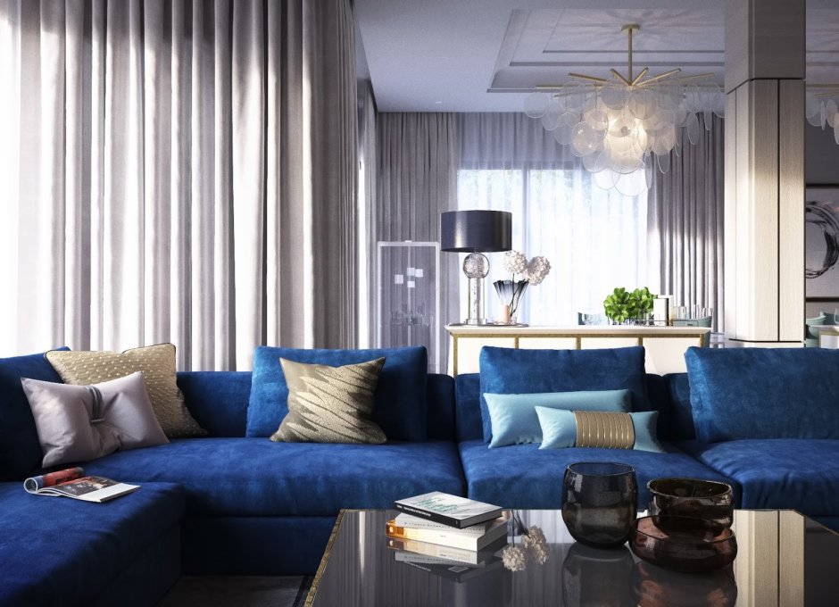 Синий диван в коричневом интерьере (58 фото)
