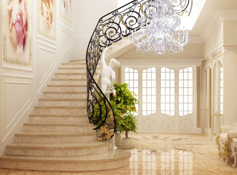 Интерьер холла с лестницей в частном доме
